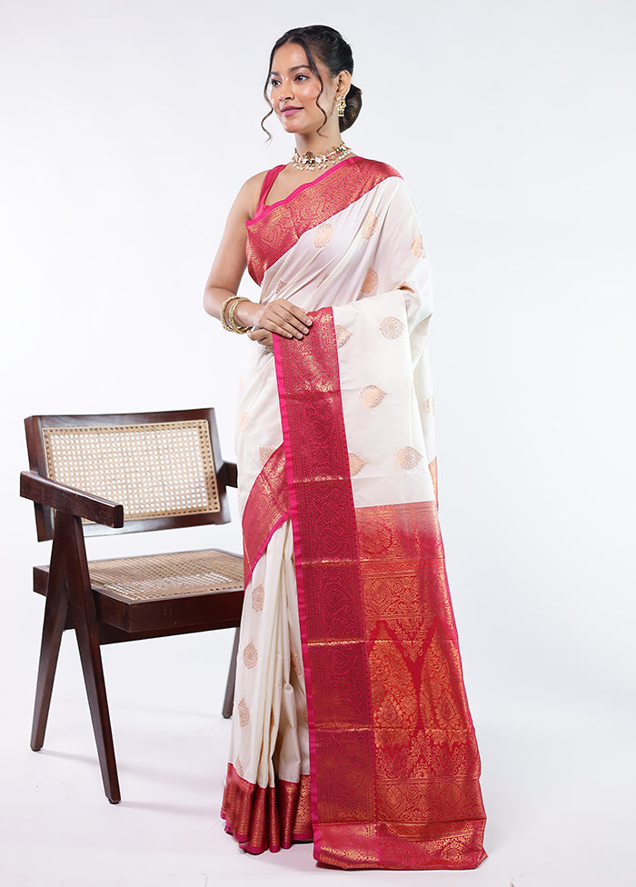 White Kanjivaram Silk Saree With Blouse Piece