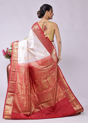White Kanjivaram Silk Saree With Blouse Piece