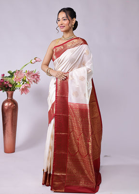 White Kanjivaram Silk Saree With Blouse Piece