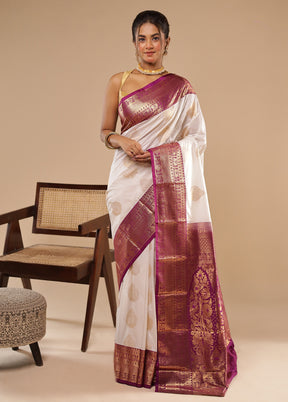White Kanjivaram Silk Saree With Blouse Piece