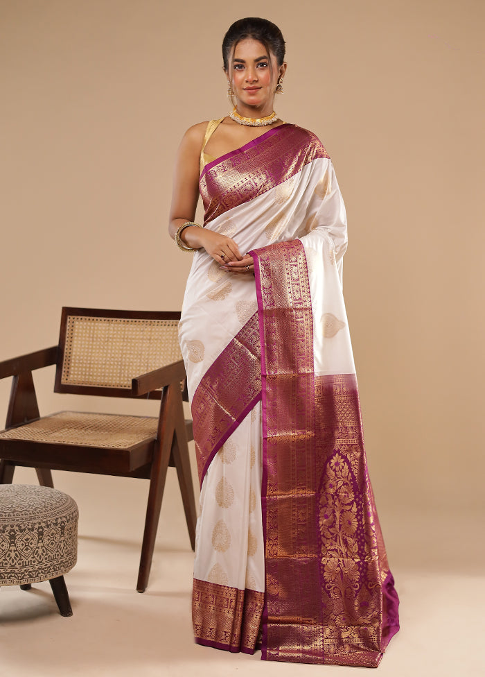 White Kanjivaram Silk Saree With Blouse Piece