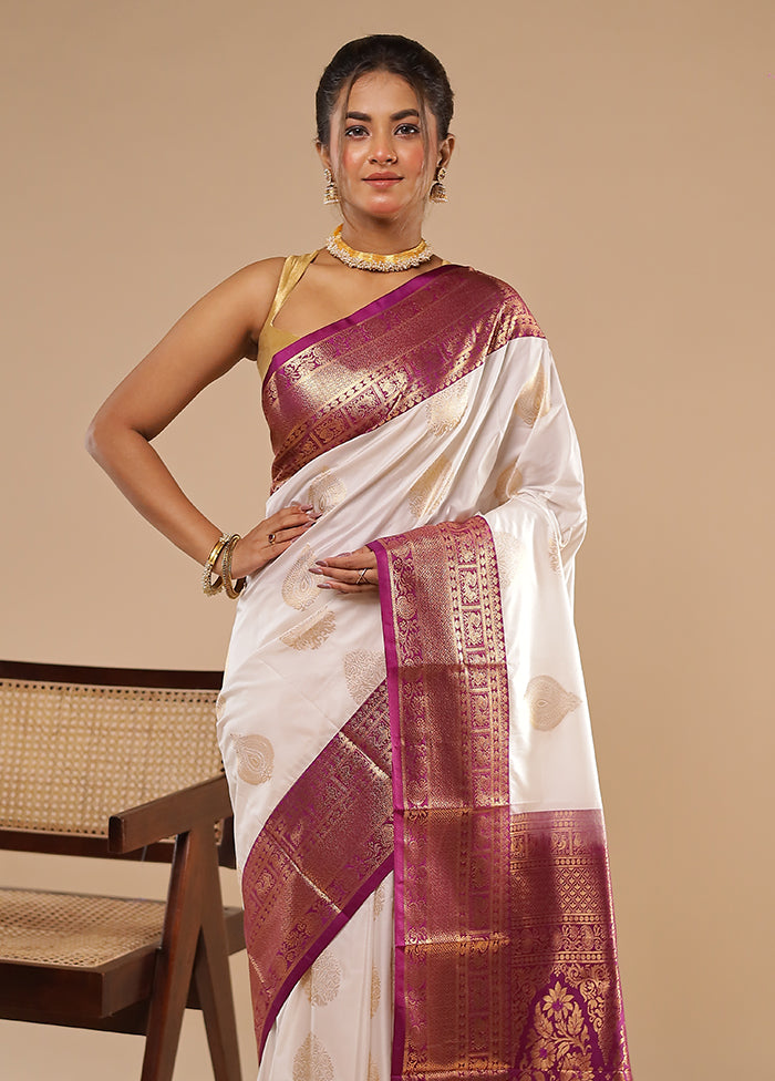 White Kanjivaram Silk Saree With Blouse Piece