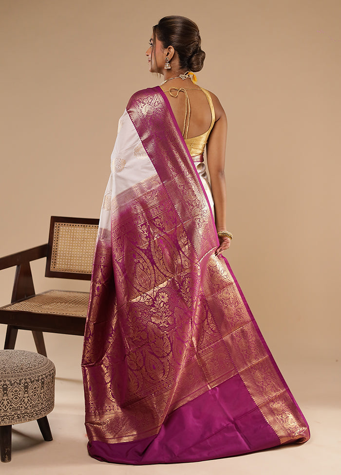 White Kanjivaram Silk Saree With Blouse Piece