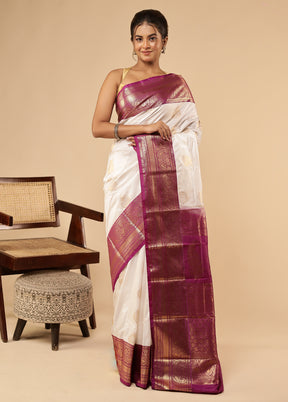 White Kanjivaram Silk Saree With Blouse Piece