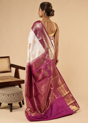 White Kanjivaram Silk Saree With Blouse Piece