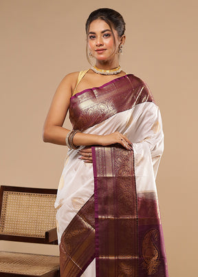 White Kanjivaram Silk Saree With Blouse Piece