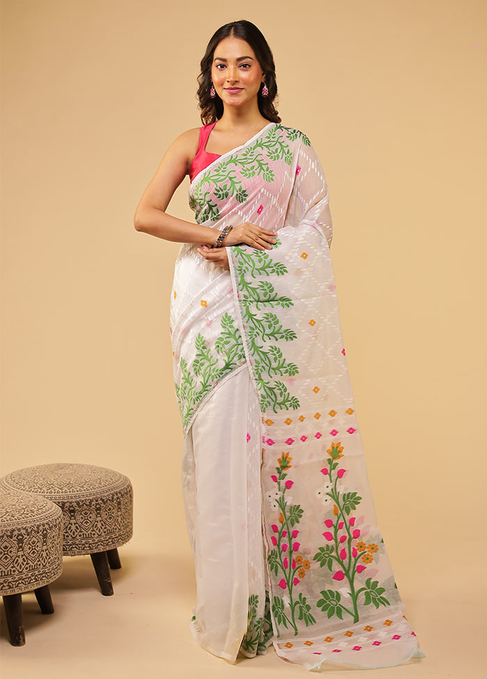 White Jamdani Cotton Saree Without Blouse Piece