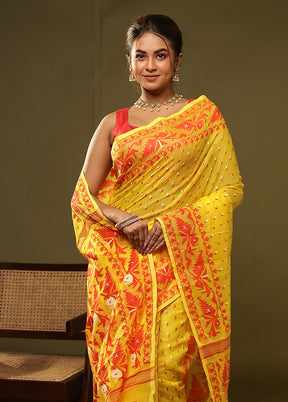 Yellow Jamdani Cotton Saree Without Blouse Piece