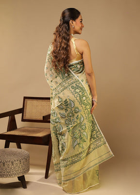 Cream Jamdani Cotton Saree Without Blouse Piece