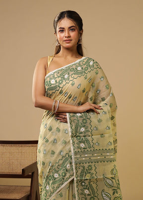 Cream Jamdani Cotton Saree Without Blouse Piece