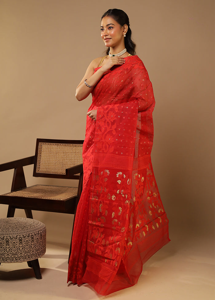 Red Jamdani Cotton Saree Without Blouse Piece