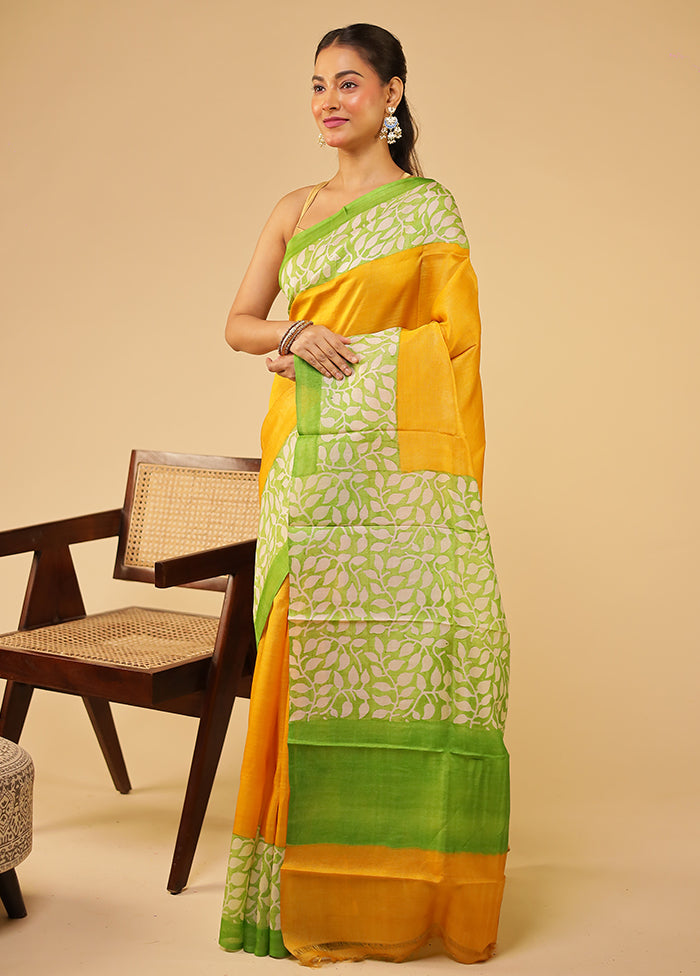 Yellow Handloom Tussar Pure Silk Saree With Blouse Piece
