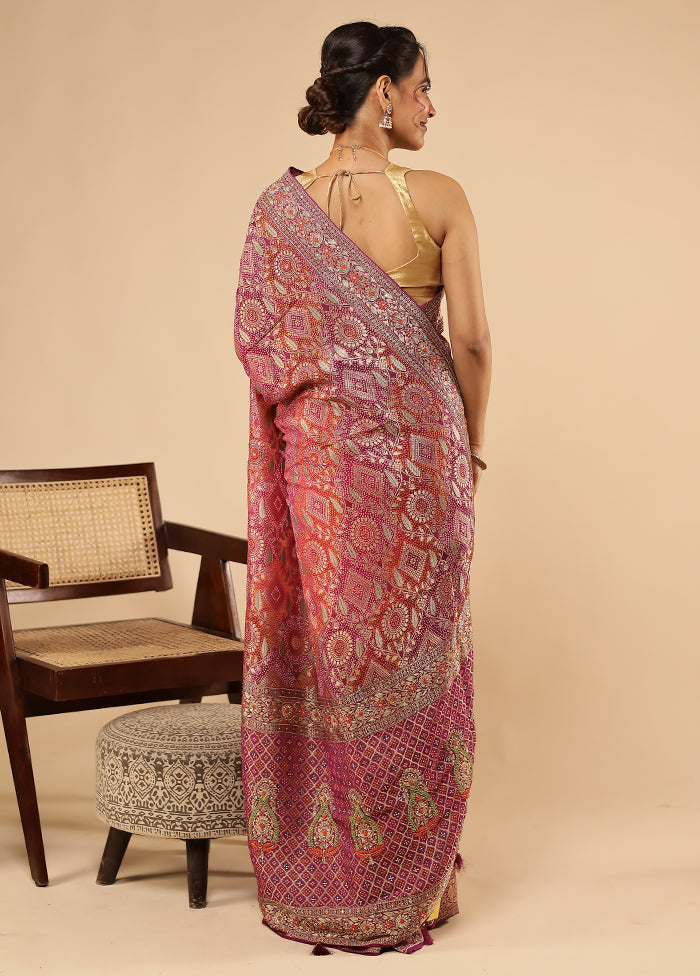 Purple Handloom Pure Georgette Saree With Blouse Piece