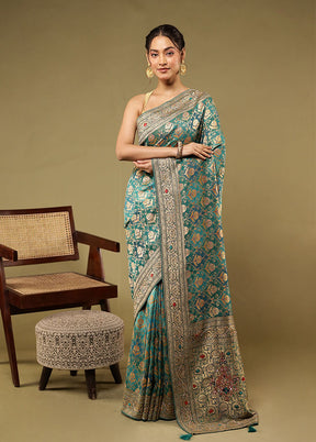 Green Handloom Pure Georgette Saree With Blouse Piece
