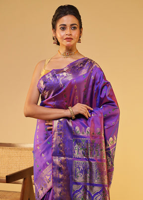 Purple Handloom Baluchari Pure Silk Saree With Blouse Piece