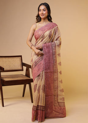 Cream Pure Cotton Saree With Blouse Piece