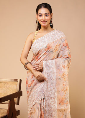 Cream Pure Cotton Saree With Blouse Piece