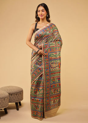 Cream Handloom Tussar Pure Silk Saree With Blouse Piece