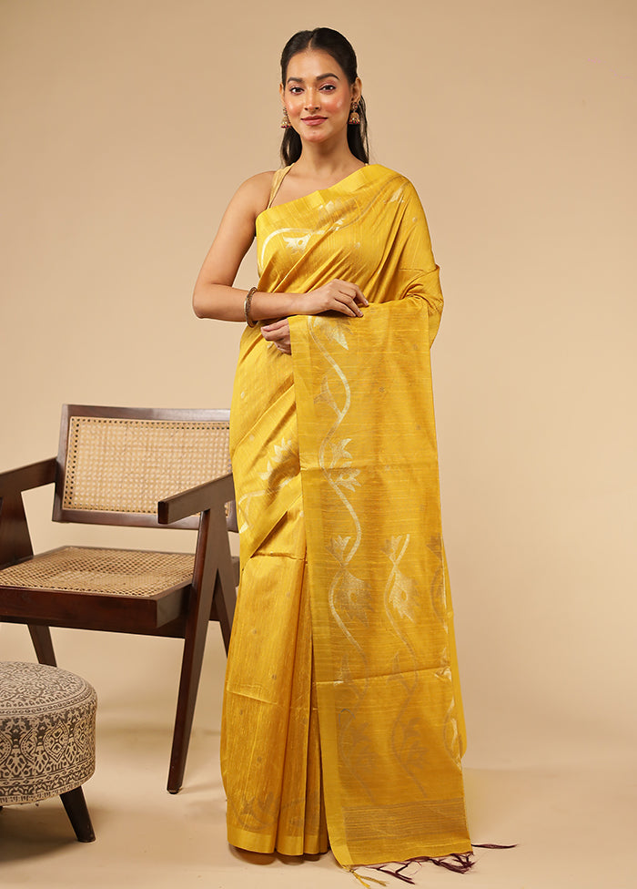 Yellow Tussar Silk Saree With Blouse Piece