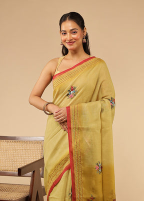 Green Linen Silk Saree With Blouse Piece