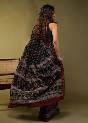 Black Chanderi Cotton Saree With Blouse Piece