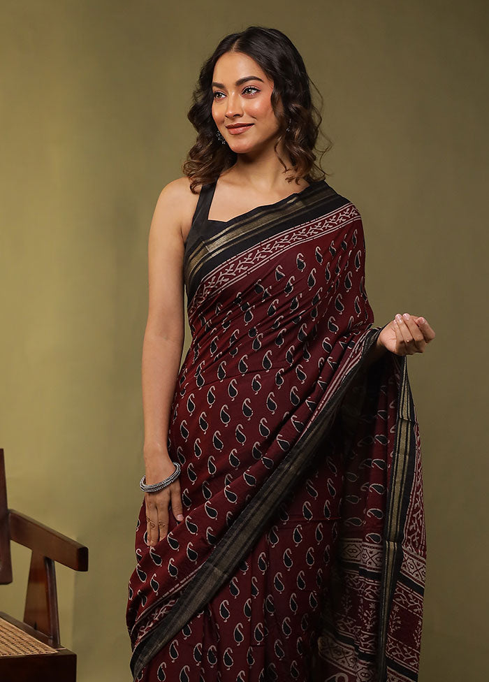 Maroon Chanderi Cotton Saree With Blouse Piece