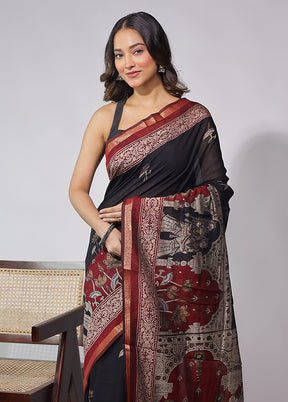 Black Chanderi Cotton Saree With Blouse Piece