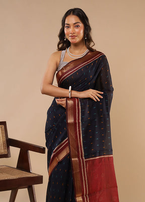 Blue Chanderi Cotton Saree With Blouse Piece