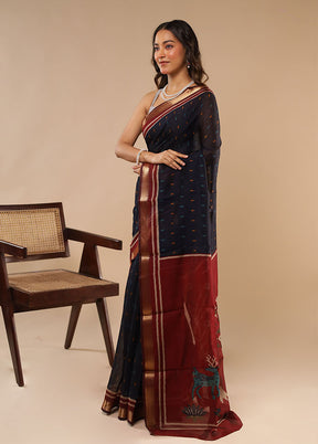 Blue Chanderi Cotton Saree With Blouse Piece
