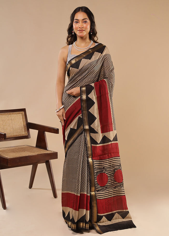 Cream Chanderi Cotton Saree With Blouse Piece