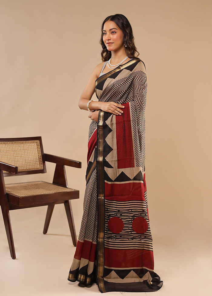 Cream Chanderi Cotton Saree With Blouse Piece
