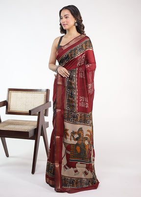 Maroon Chanderi Cotton Saree With Blouse Piece