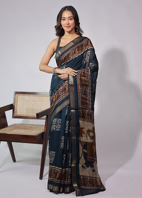 Blue Chanderi Cotton Saree With Blouse Piece