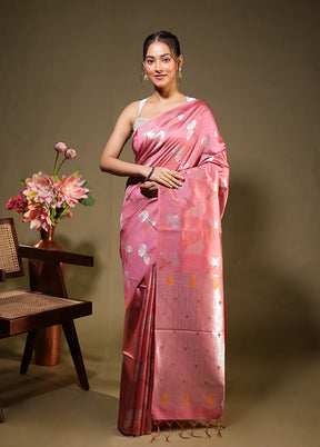 Pink Tussar Silk Saree With Blouse Piece