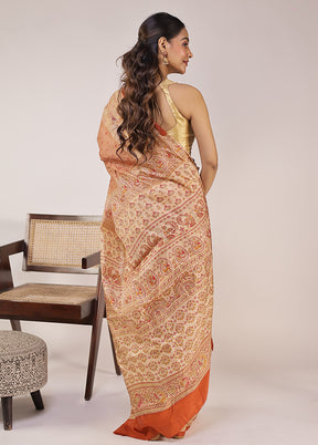 Rust Printed Pure Silk Saree Without Blouse Piece