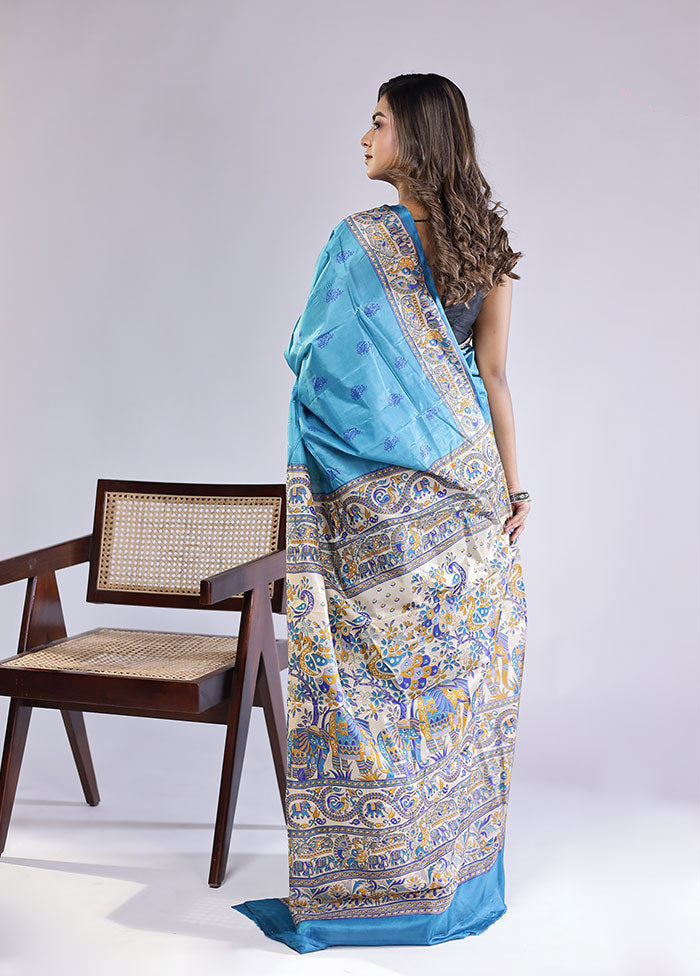Blue Printed Pure Silk Saree Without Blouse Piece