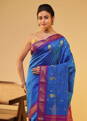 Blue Kanjivaram Silk Saree With Blouse Piece