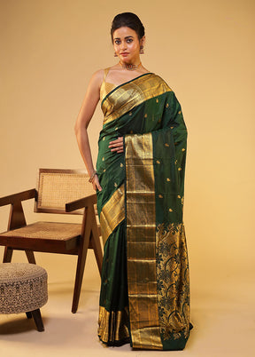Green Handloom Kanjivaram Pure Silk Saree With Blouse Piece
