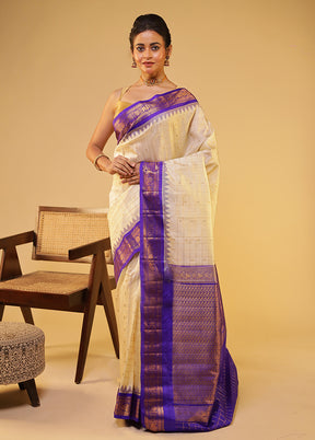 Cream Gadwal Pure Silk Saree Without Blouse Piece