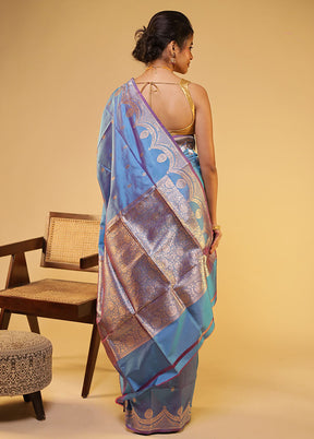 Blue Handloom Katan Pure Silk Saree With Blouse Piece
