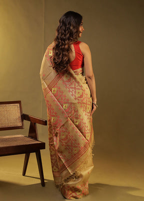 Cream Handloom Tussar Pure Silk Saree With Blouse Piece