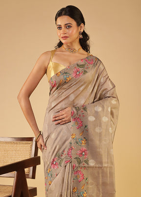Grey Tussar Silk Saree With Blouse Piece