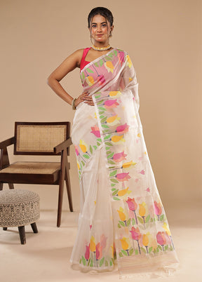 Cream Handloom Jamdani Tussar Pure Silk Saree With Blouse Piece