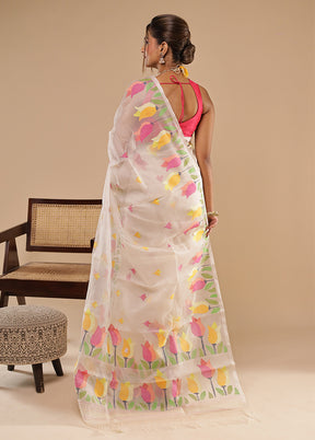 Cream Handloom Jamdani Tussar Pure Silk Saree With Blouse Piece