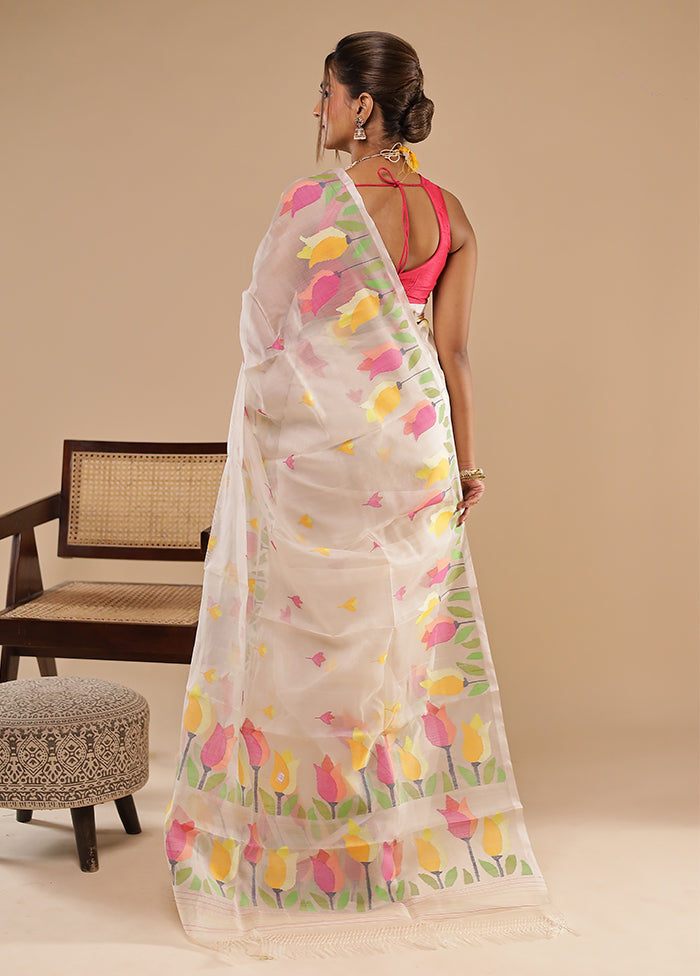 Cream Handloom Jamdani Tussar Pure Silk Saree With Blouse Piece