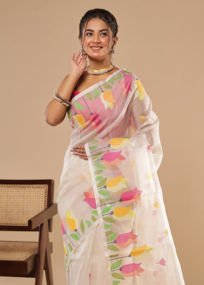 Cream Handloom Jamdani Tussar Pure Silk Saree With Blouse Piece