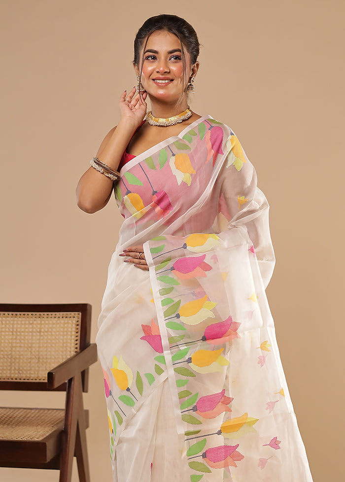 Cream Handloom Jamdani Tussar Pure Silk Saree With Blouse Piece