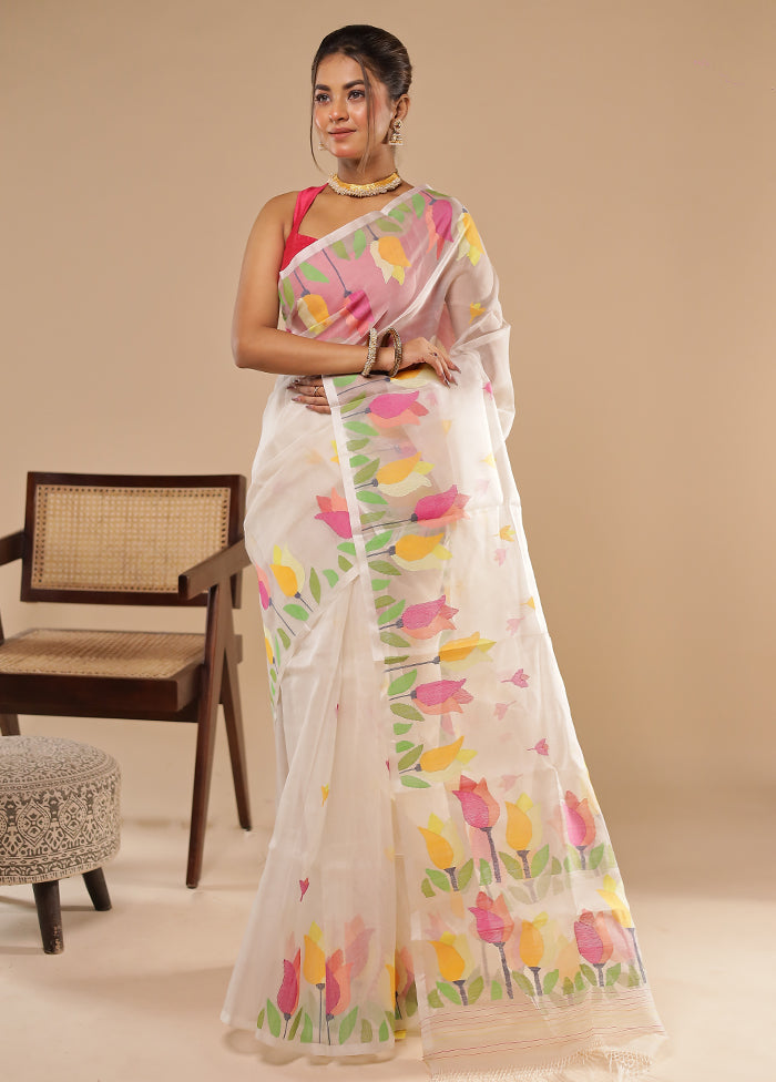 Cream Handloom Jamdani Tussar Pure Silk Saree With Blouse Piece