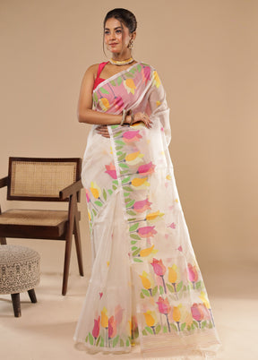 Cream Handloom Jamdani Tussar Pure Silk Saree With Blouse Piece