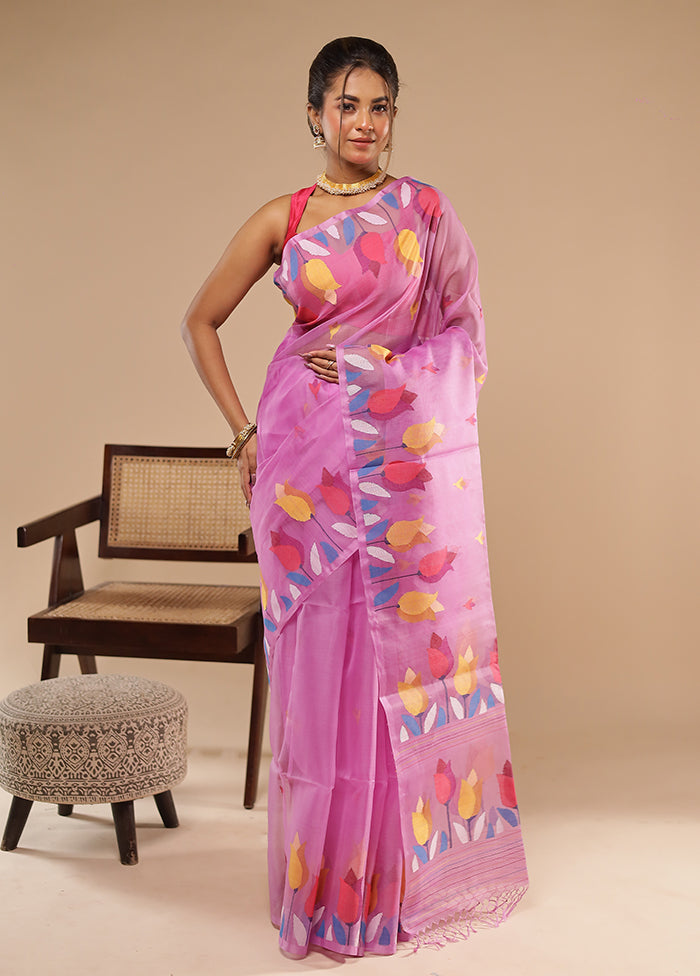 Purple Handloom Tussar Pure Silk Saree With Blouse Piece